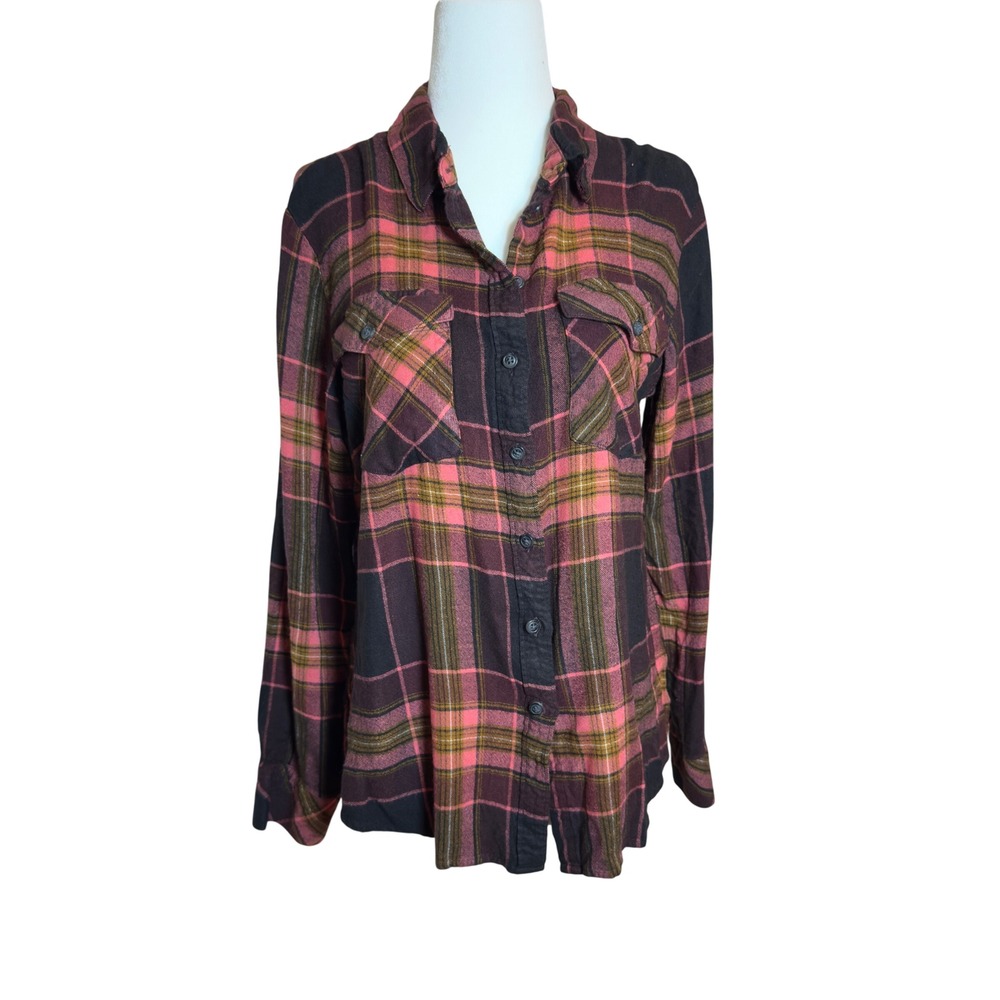 Sanctuary Womens Pink Black Plaid Flannel Button Down Shirt Size M Long Sleeve